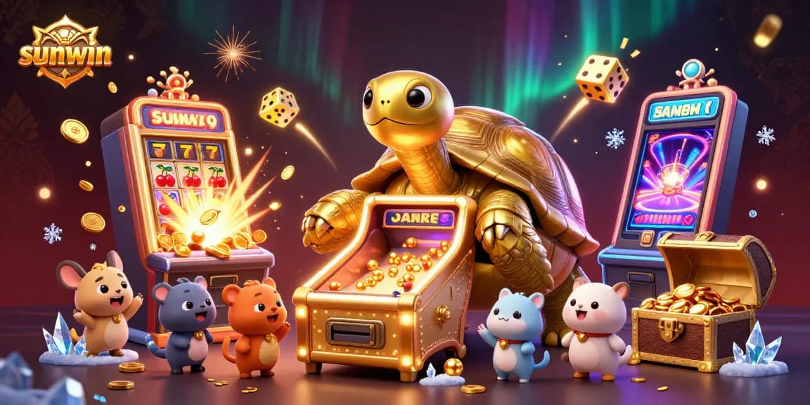Engage in thrilling gaming adventures at sunwin with a giant golden tortoise pinball casino scene.