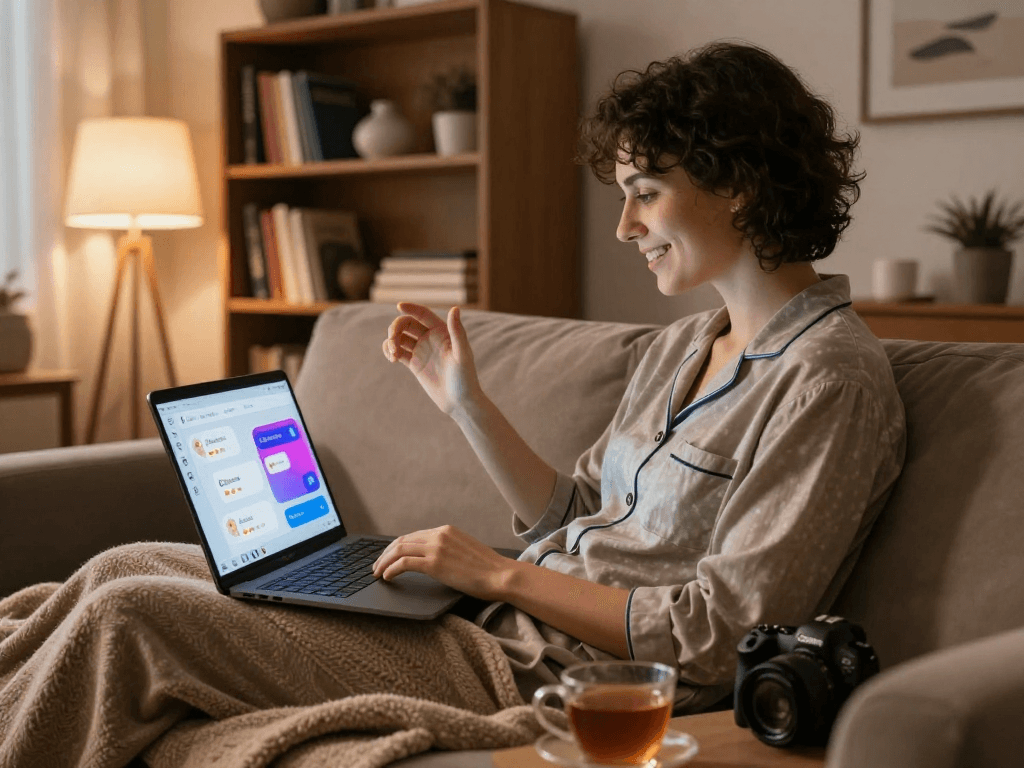 Engaged user enjoying an AI sex chat on a cozy sofa, creating an intimate digital connection in a warm and inviting setting.