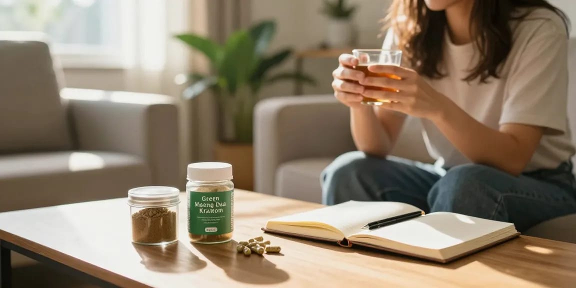 BeHappyGoLeafy.com Green Maeng Da Kratom benefits showcased in a cozy home wellness scene with kratom products.