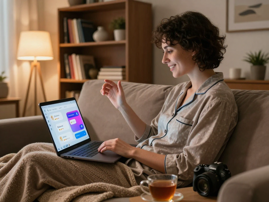 Engaged user enjoying an AI sex chat on a cozy sofa, creating an intimate digital connection in a warm and inviting setting.