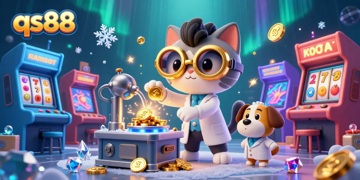 Engage with qs88's vibrant casino fun featuring a mad scientist cat and dog in a lively gaming lab.