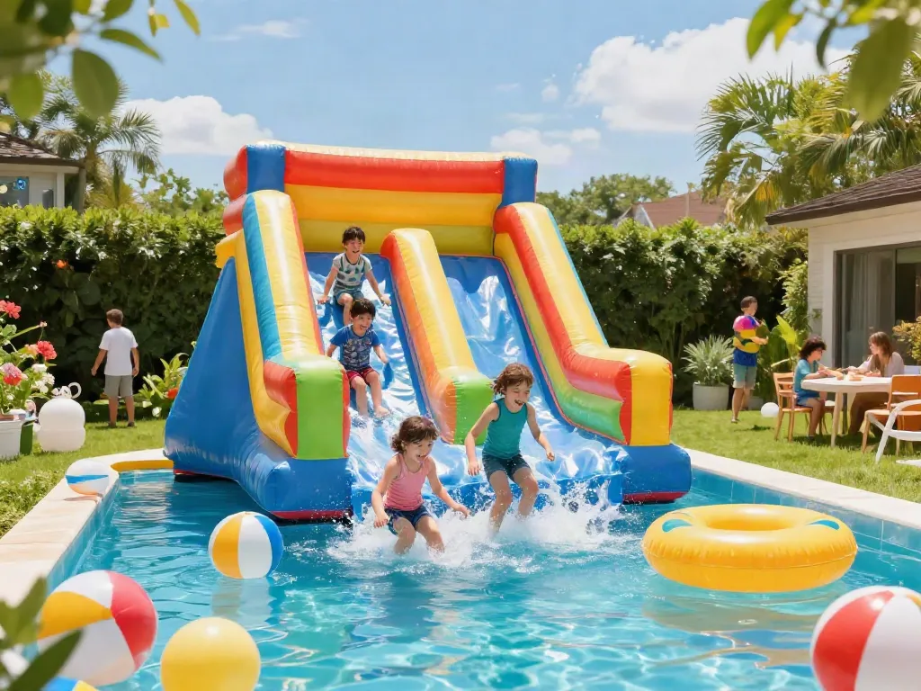 Children enjoying an inflatable water slide at a summer garden party.