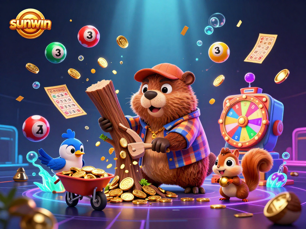 sunwin brings thrilling fun with a cartoon lumberjack beaver collecting golden coins and vibrant lottery elements
