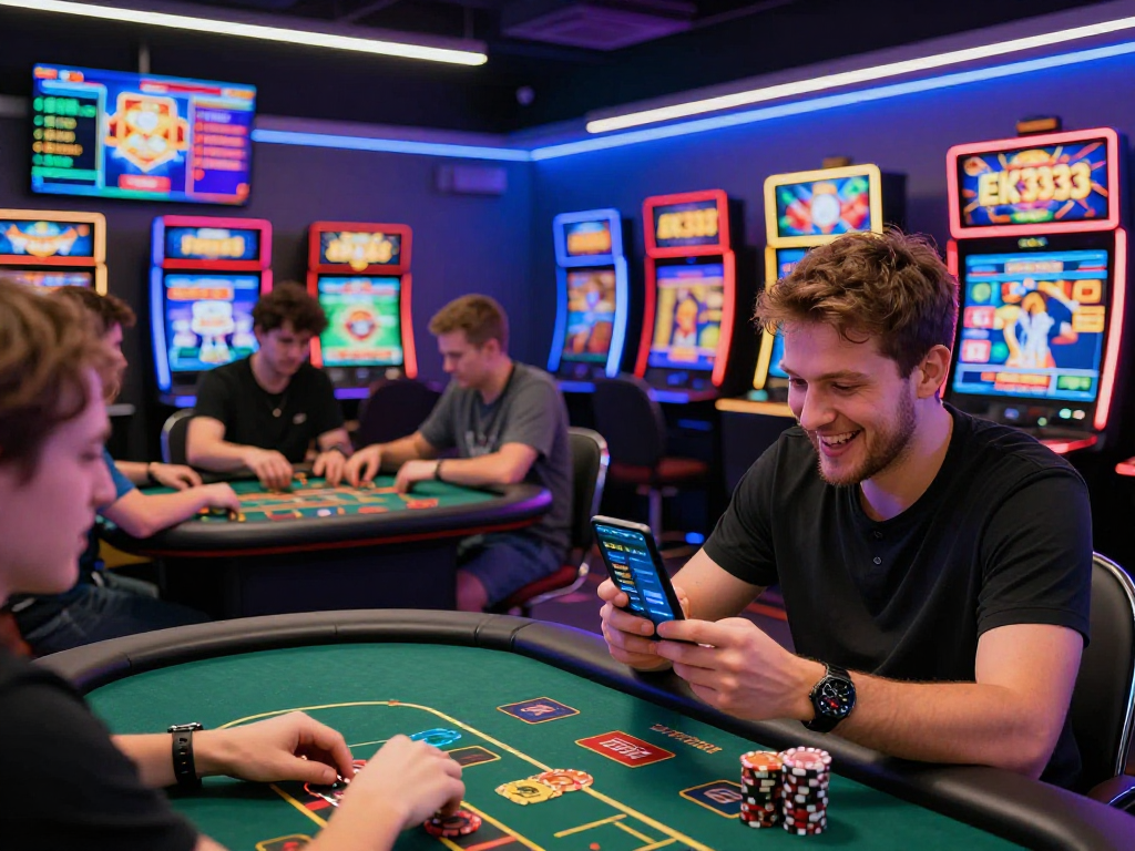 Players enjoying live betting and casino games on EK333 platform in a vibrant setting.