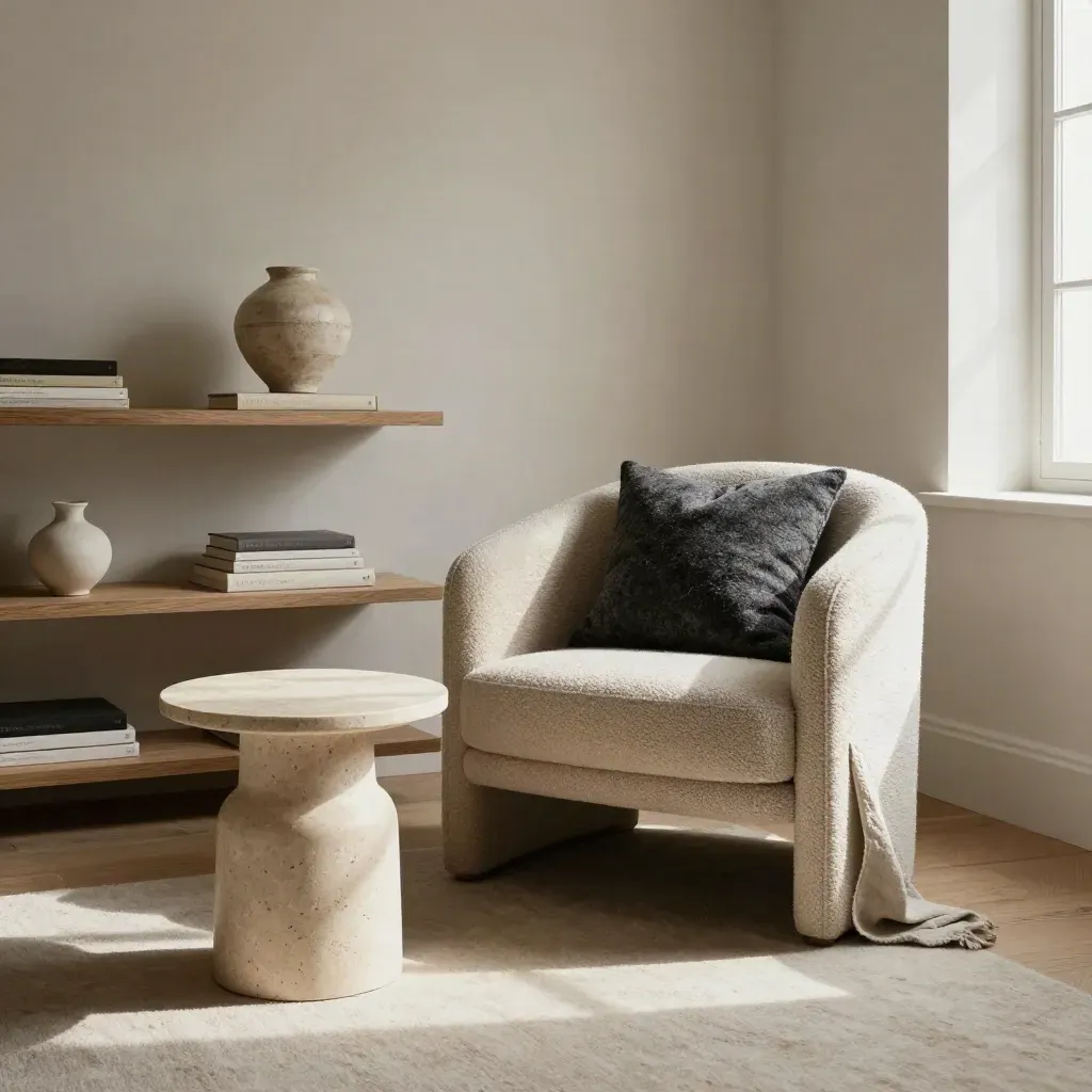 Styled living room corner with boucle chair, travertine table, oak shelving and ceramic vessel.