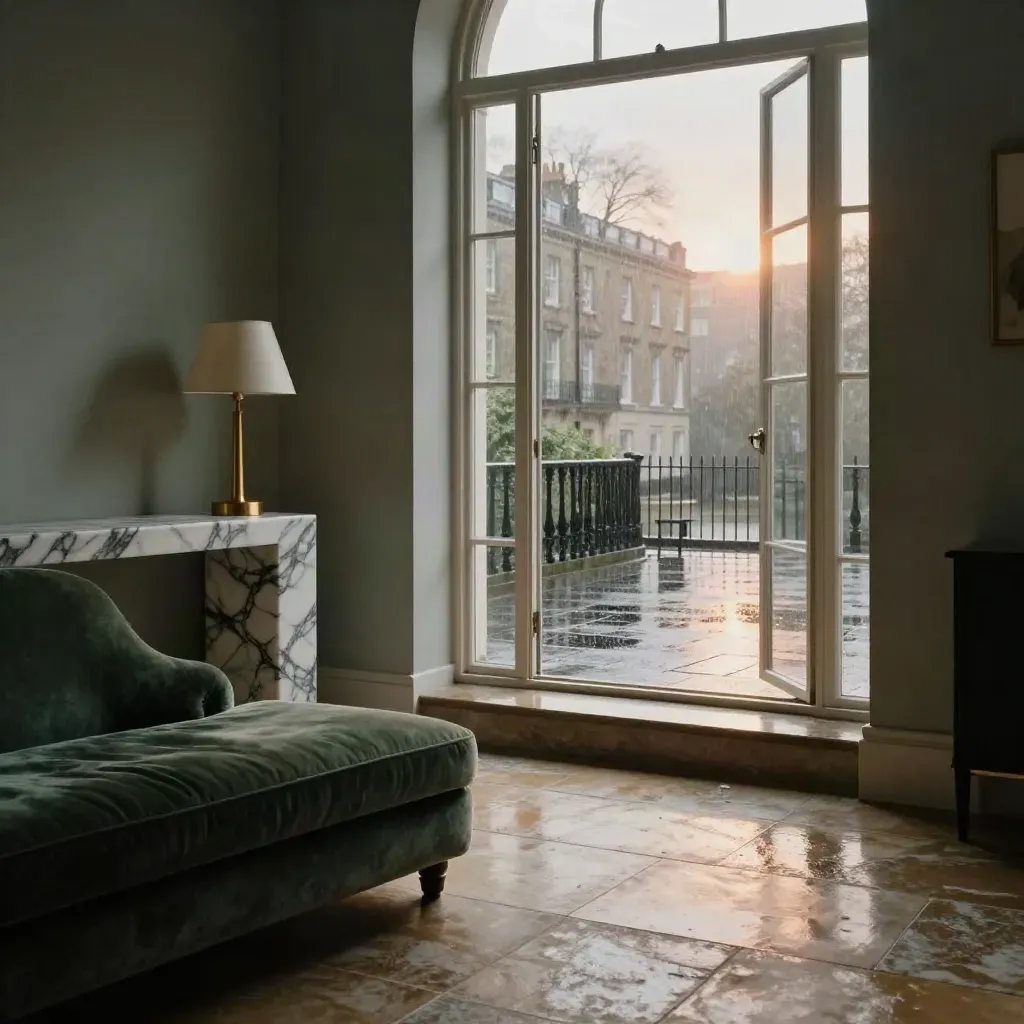 Sunlit Belgravia townhouse interior with limestone floor, velvet seating and brass lamp.