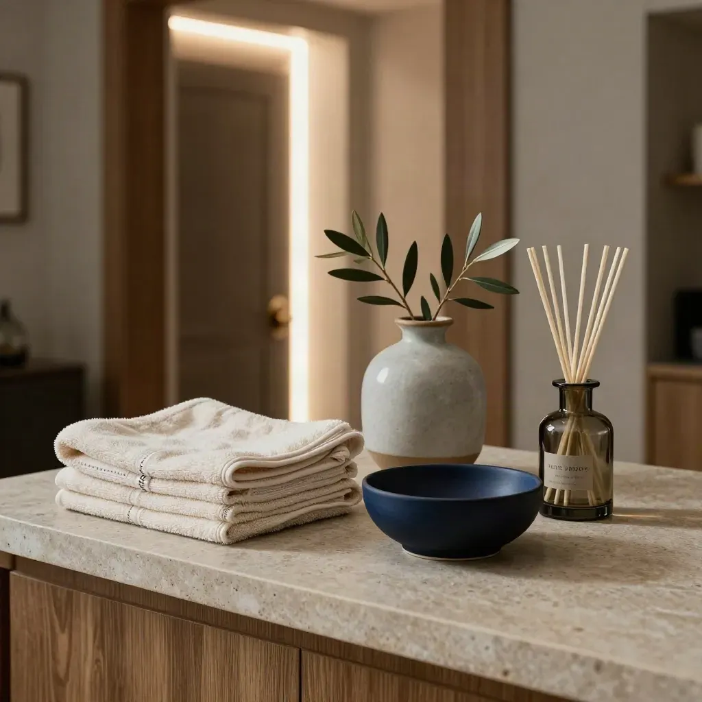 Folded towels, vase, key bowl and diffuser on a console in a moody entry hall.