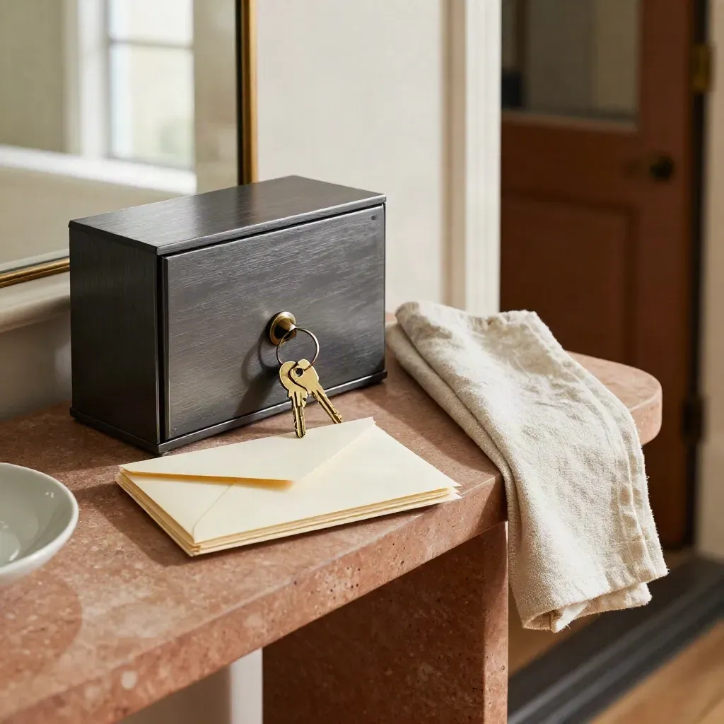Rental support kit on an entrance console with lockbox, keys, and sealed update envelopes.