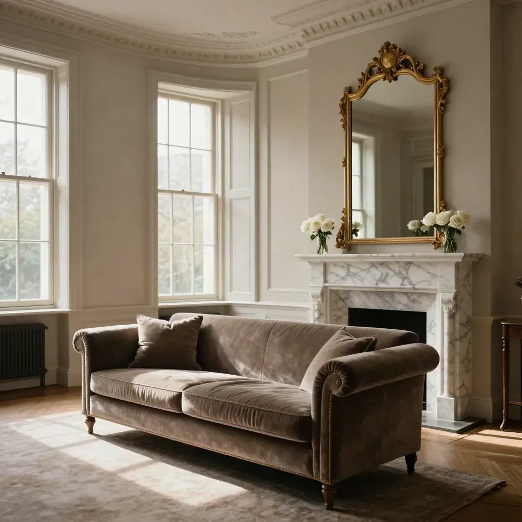Sold Mayfair drawing room with velvet sofa, marble mantel, gilded mirror and white roses in warm sunlight.