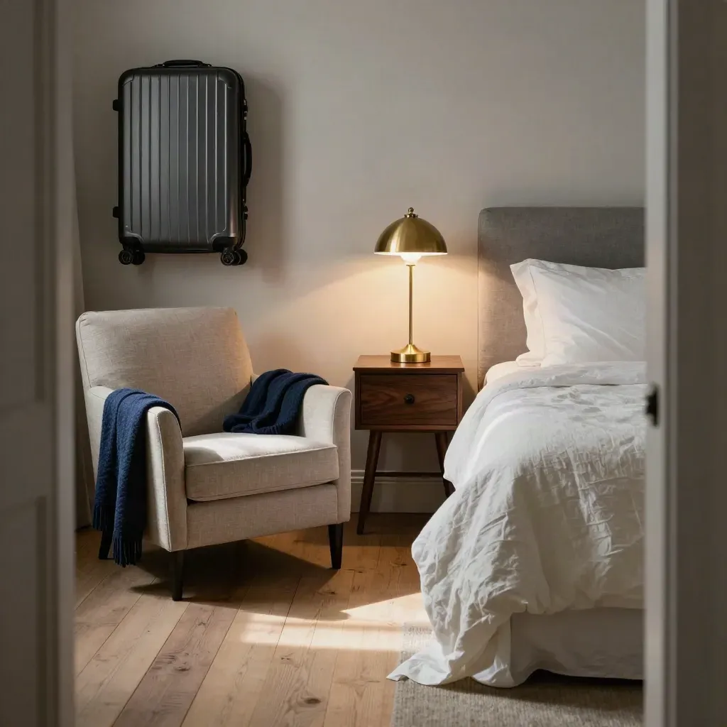 Chelsea bedroom-lounge with made bed, navy throw, glowing lamp and suitcase by the wall.