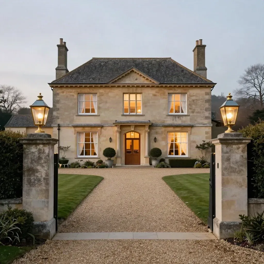 Elegant Surrey house façade at dusk with glowing windows, hedges, and a diagonal driveway