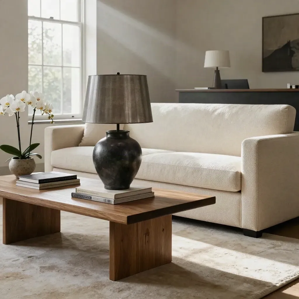 Kensington reception room with boucle sofa, oak table, lamp, books and orchids in soft daylight.