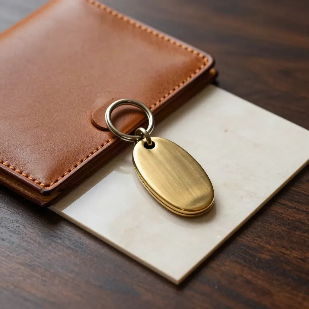 Brass key ring, leather folio and stone swatch on walnut in a luxury property still life.
