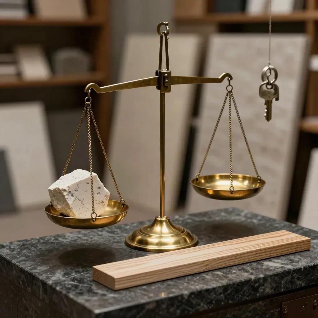 Brass balance scales, limestone and oak veneer on stone, lit in dramatic low-key light.