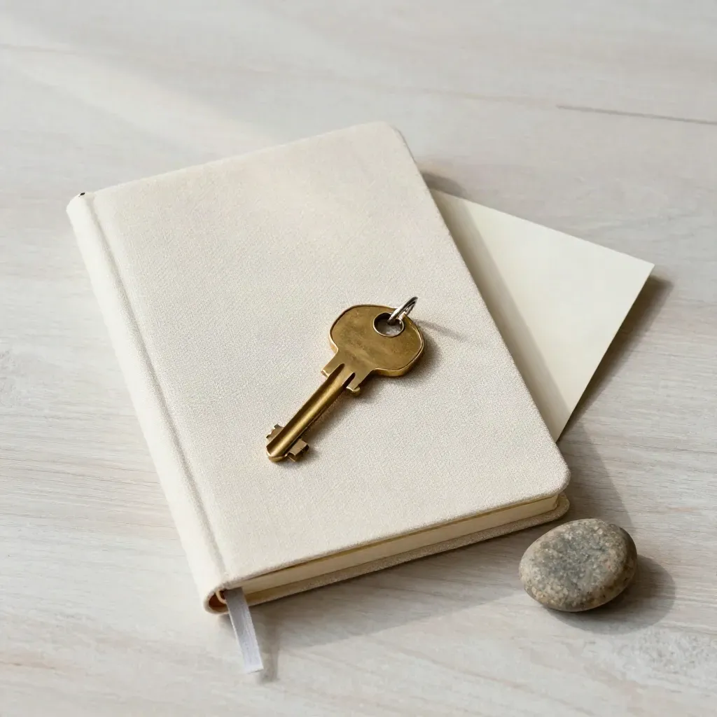 Closed linen notebook, brass key ring, pebble and ivory card on pale wood, softly lit.