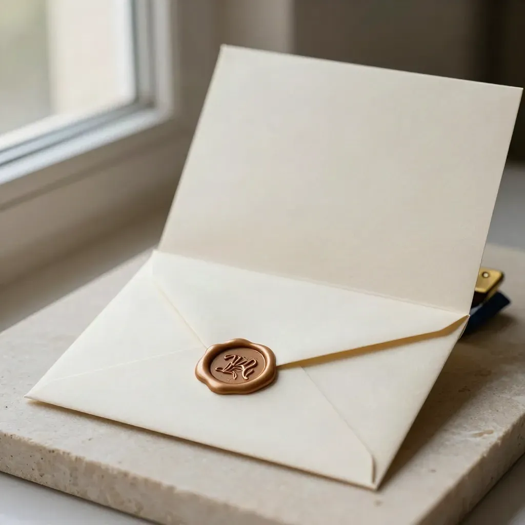 Wax-sealed envelope, cream folder and brass clip on pale stone with soft warm light