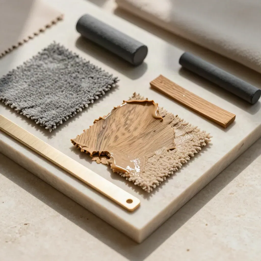 Overhead styling flatlay of paint swatches, oak veneer chips and boucle samples on stone.