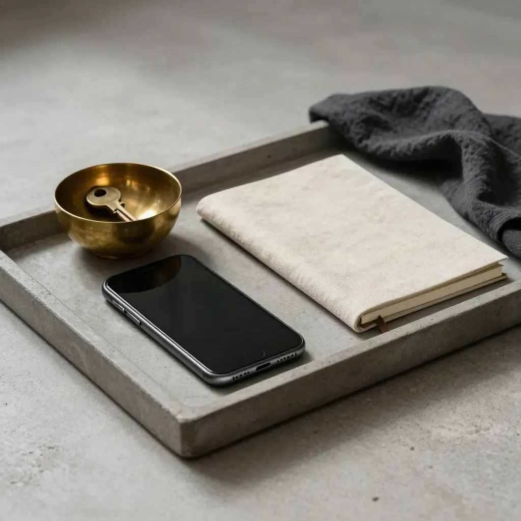 Face-down phone, brass key bowl, and linen notebook on a stone tray in soft daylight.