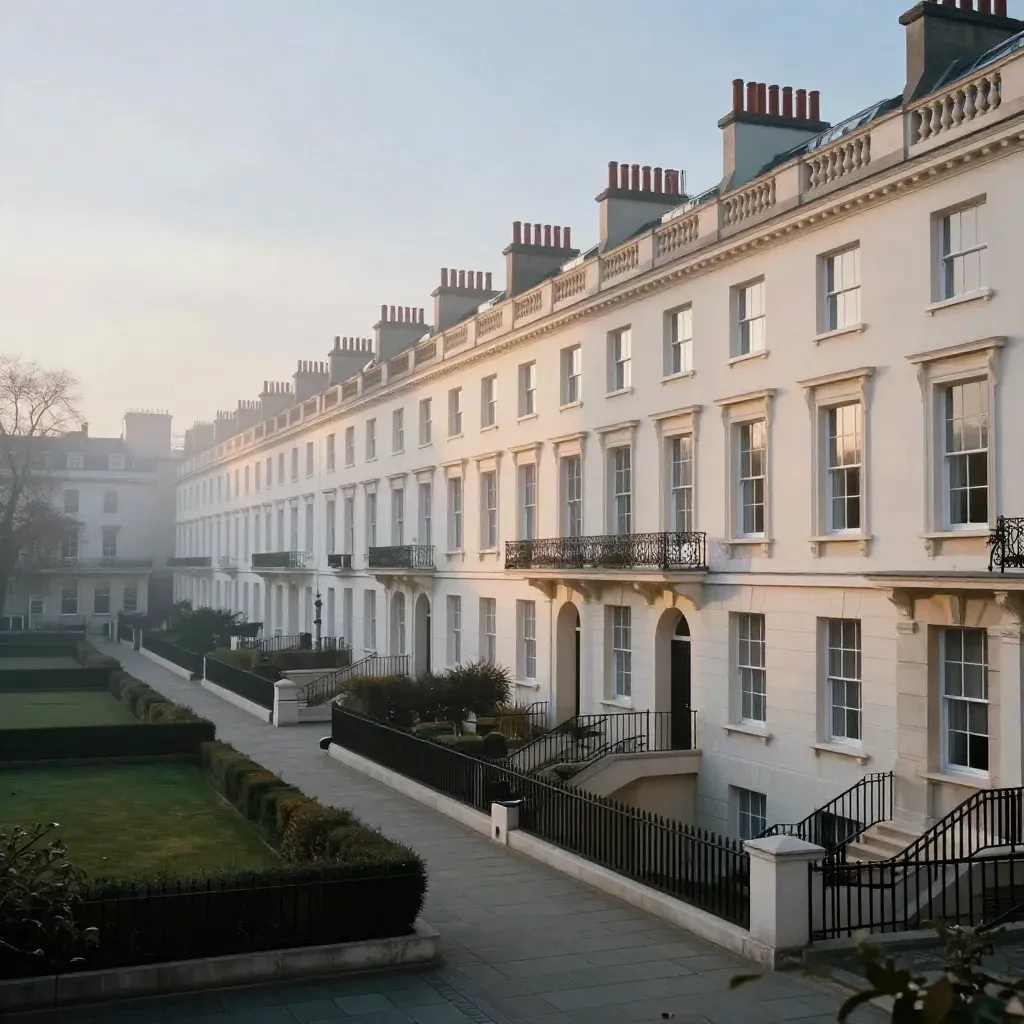 Mist over white Mayfair terraces and rooftops at blue-gold dawn.
