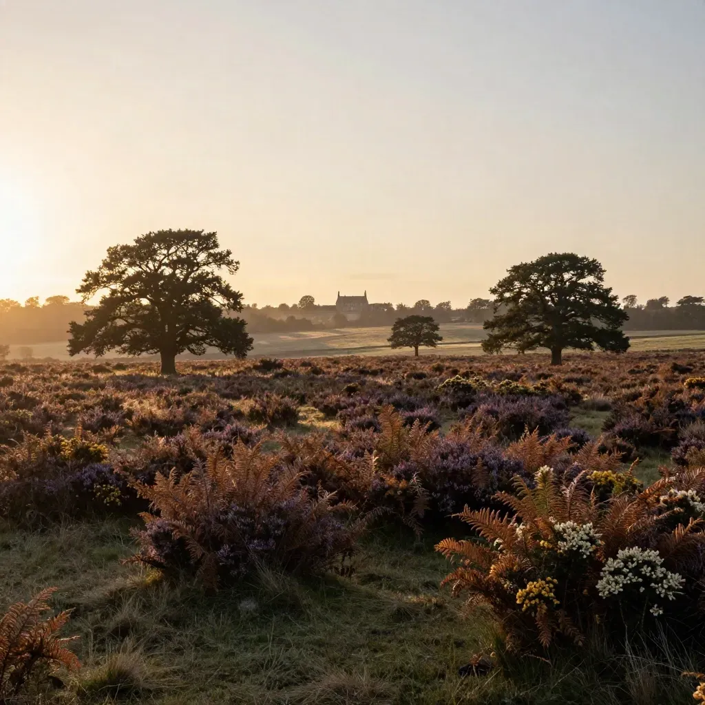 Golden-hour Surrey heathland with oaks and a distant manor roofline above soft open grass
