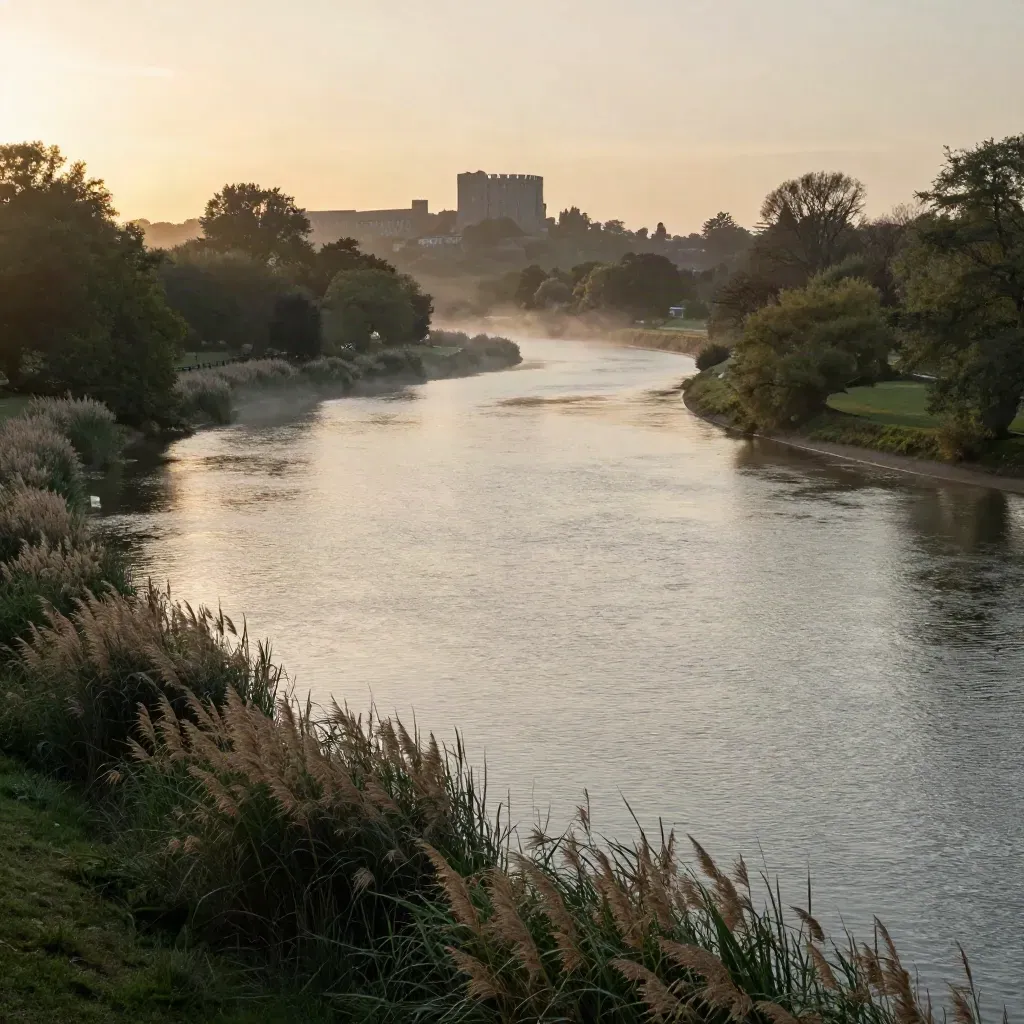 Thames bend at sunset with Windsor silhouettes, reed beds, mist, and calm open water.