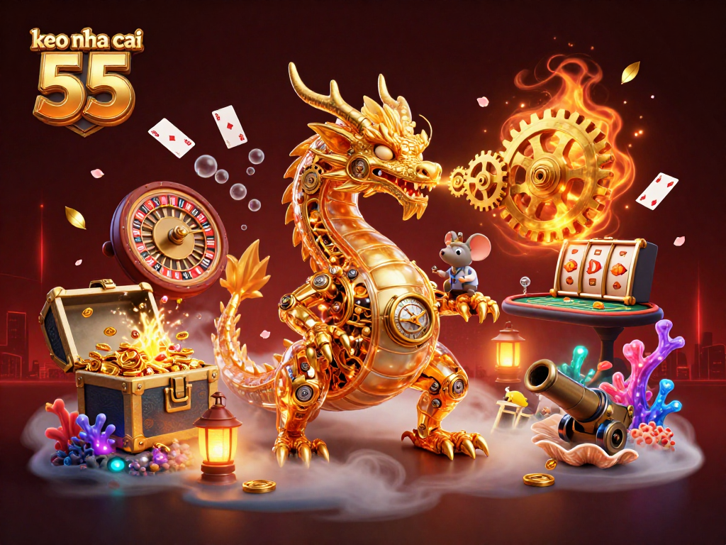 Experience exciting gameplay with keo nha cai 55 featuring a dragon and poker elements in a vibrant casino scene.