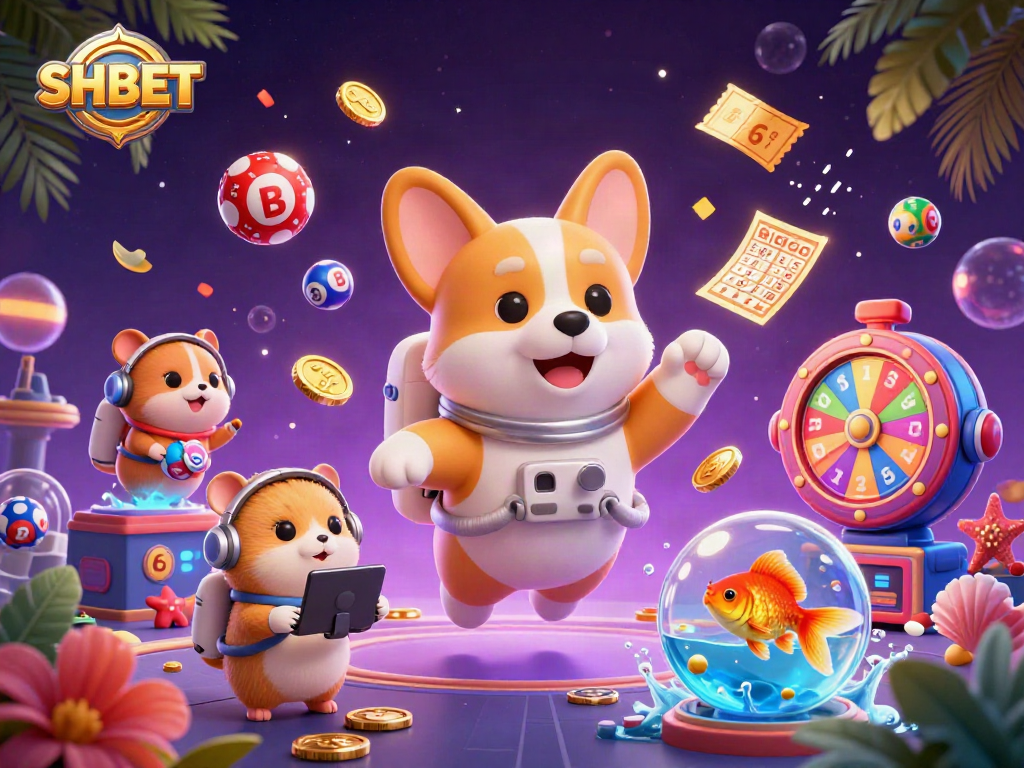 Engage with SHBET as a corgi astronaut floats in a casino, surrounded by colorful gaming elements.