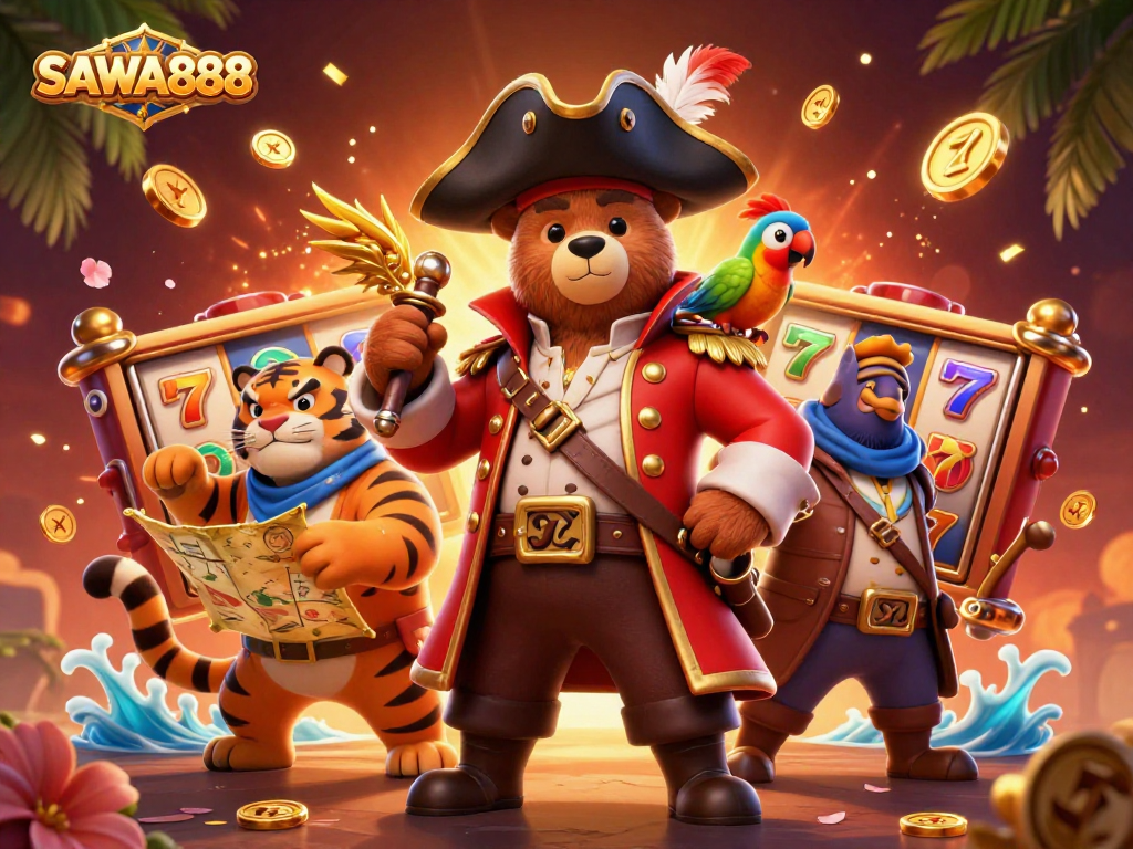 Experience the thrill of SAWA888's slots with a vibrant pirate-themed 3D illustration.