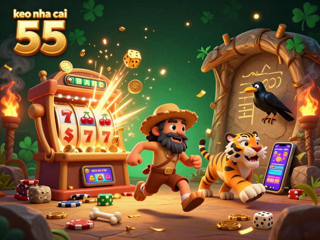 Experience keo nha cai 55 with a vibrant prehistoric casino scene filled with animated gaming excitement.