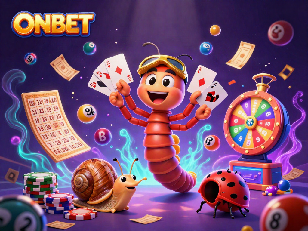 Engage with ONBET's lively casino atmosphere featuring cartoon characters and vibrant game elements.