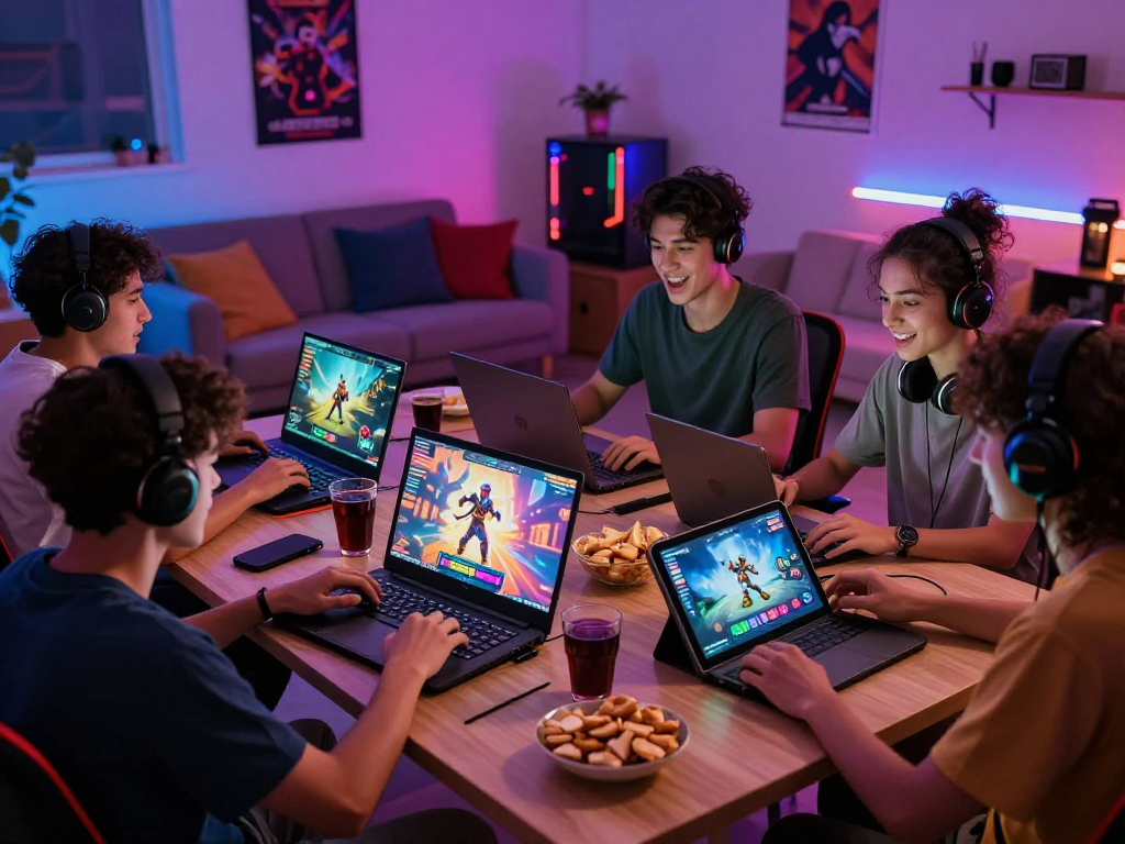 Exciting adult game gaming scene with friends enjoying various titles together