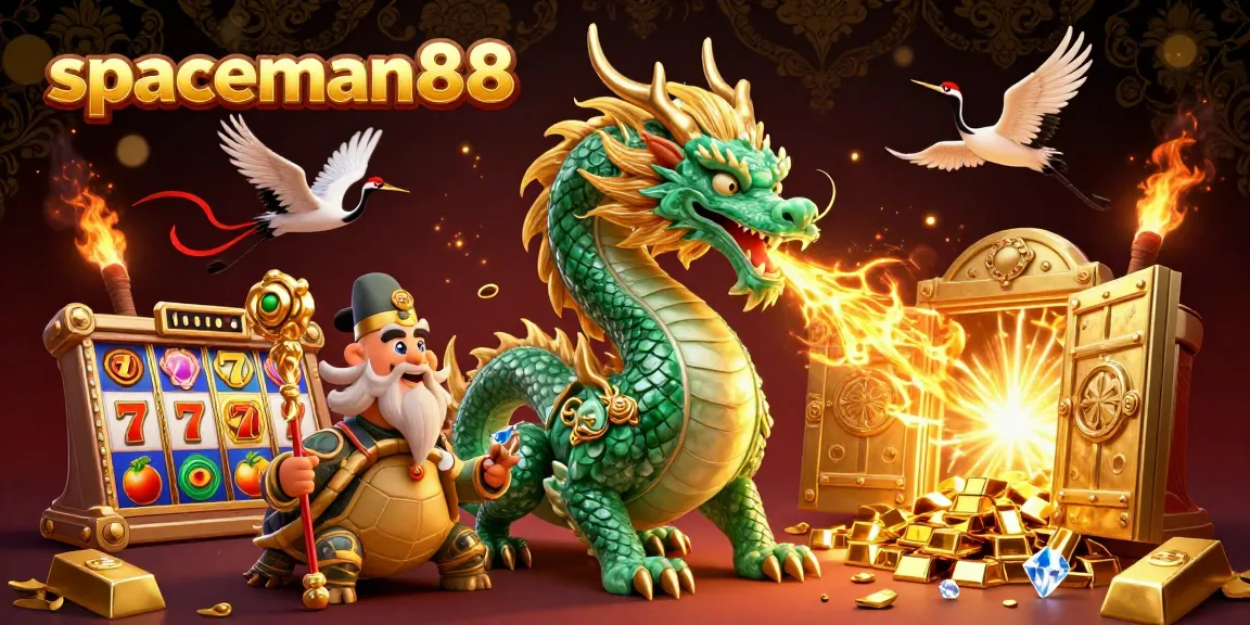 spaceman88 showcases a vibrant 3D illustration of slots with dragons and treasures.