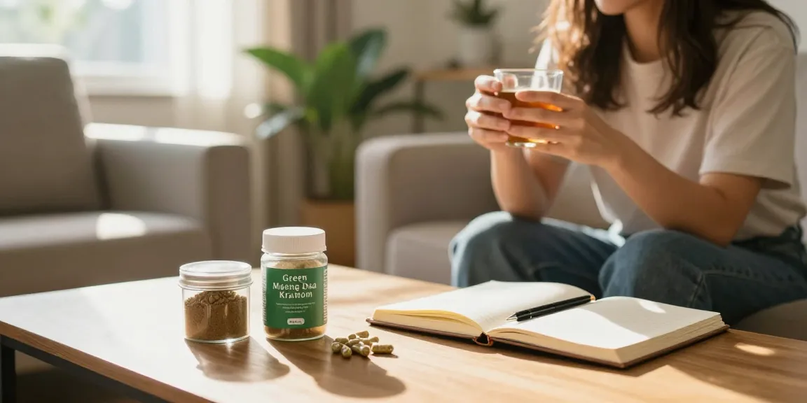 BeHappyGoLeafy.com Green Maeng Da Kratom benefits showcased in a cozy home wellness scene with kratom products.