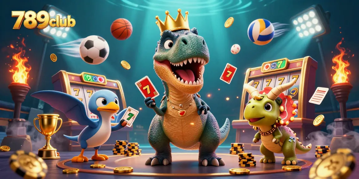 Engage with 789club's thrilling gameplay as a T-Rex shuffles cards and a pterodactyl assists, amidst vibrant casino elements.