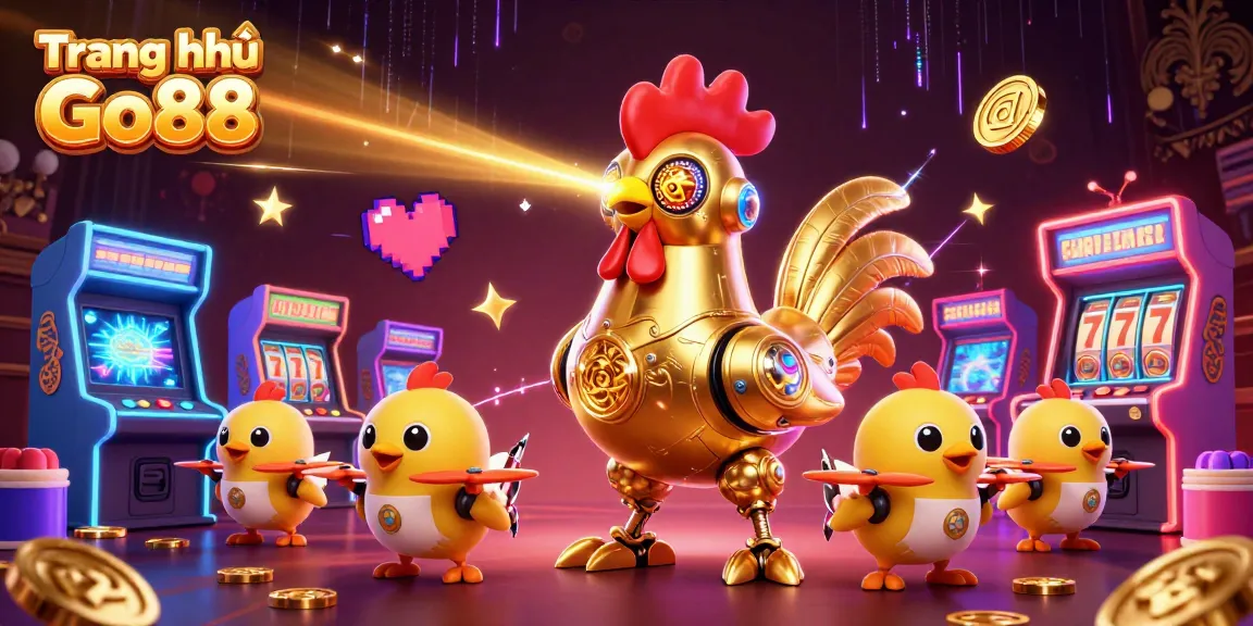 Experience exciting gaming action at Trang chủ Go88 with a vibrant casino scene featuring golden rooster robot and arcade games.