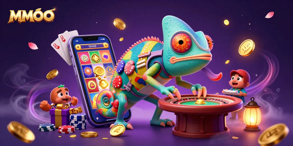 Engage with MMOO's vibrant casino world featuring a chameleon owner amidst thrilling games and golden rewards.