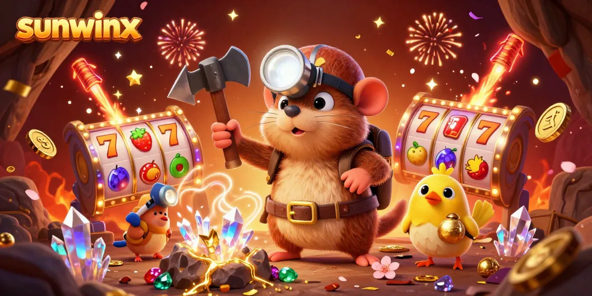 Spin the reels at sunwinx with a treasure hunter mole and his golden companion in a festive casino scene.