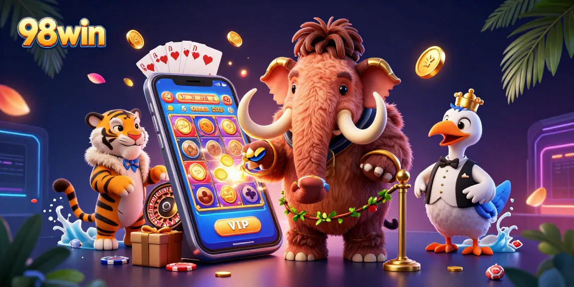 Engage with 98win at a vibrant casino scene featuring unique animal characters and dynamic gaming elements.