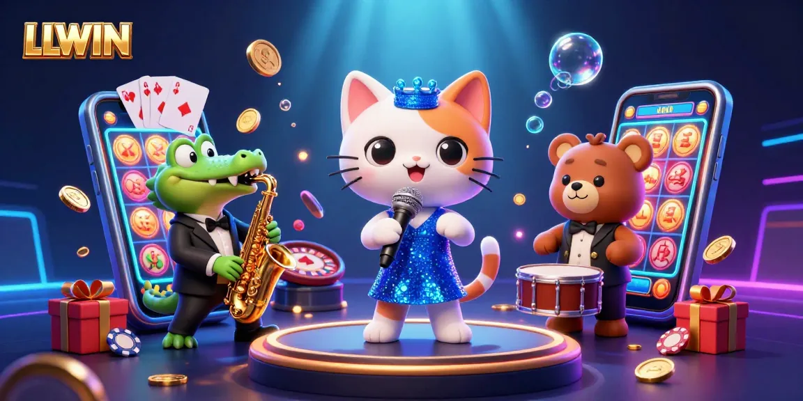 LLWIN casino scene showcasing a jazz-singer cat, saxophone crocodile, and drum bear, celebrating vibrant gaming.