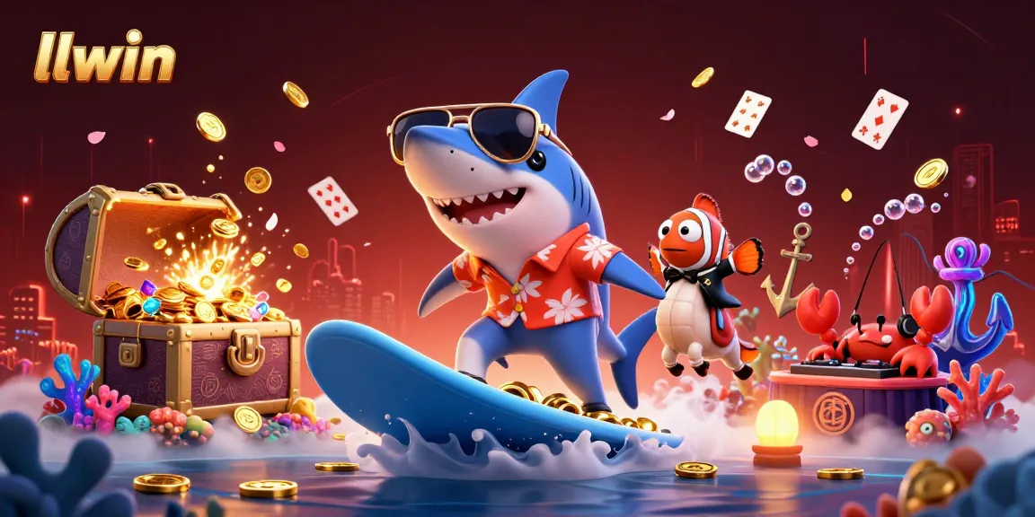 llwin showcases a dynamic underwater casino adventure with a shark surfer, clownfish, and crab DJ amidst treasures.