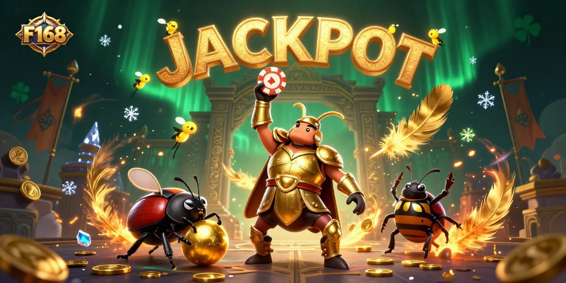 Experience the thrill with F168 as a heroic beetle lifts a winning poker chip in a dynamic 3D casino scene.