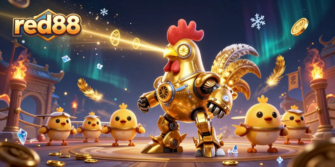 Engage in exciting gameplay with the red88 casino, featuring a golden rooster robot and dynamic game elements.