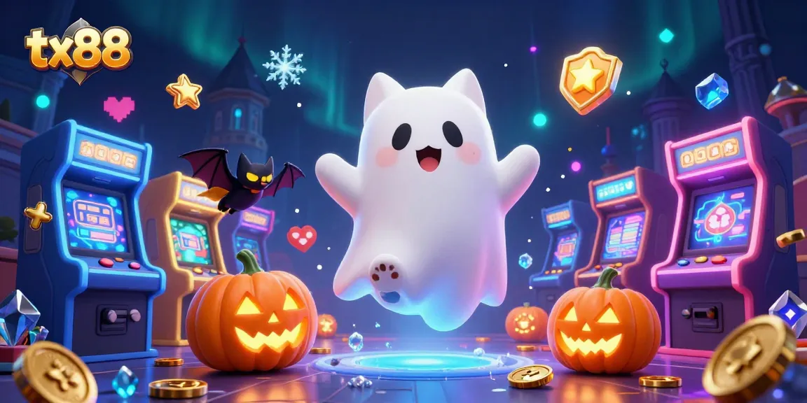 Experience the thrilling ambiance of tx88 featuring a ghost cat and vampire bat in a haunted casino.
