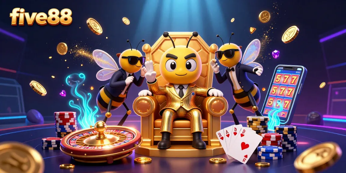 Experience the excitement of five88 with a bumblebee mob boss leading a colorful casino scene.