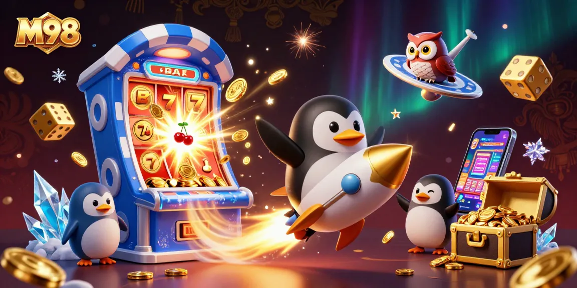 M98's exciting gaming scene features a golden penguin, slot machines, and vibrant gaming actions.