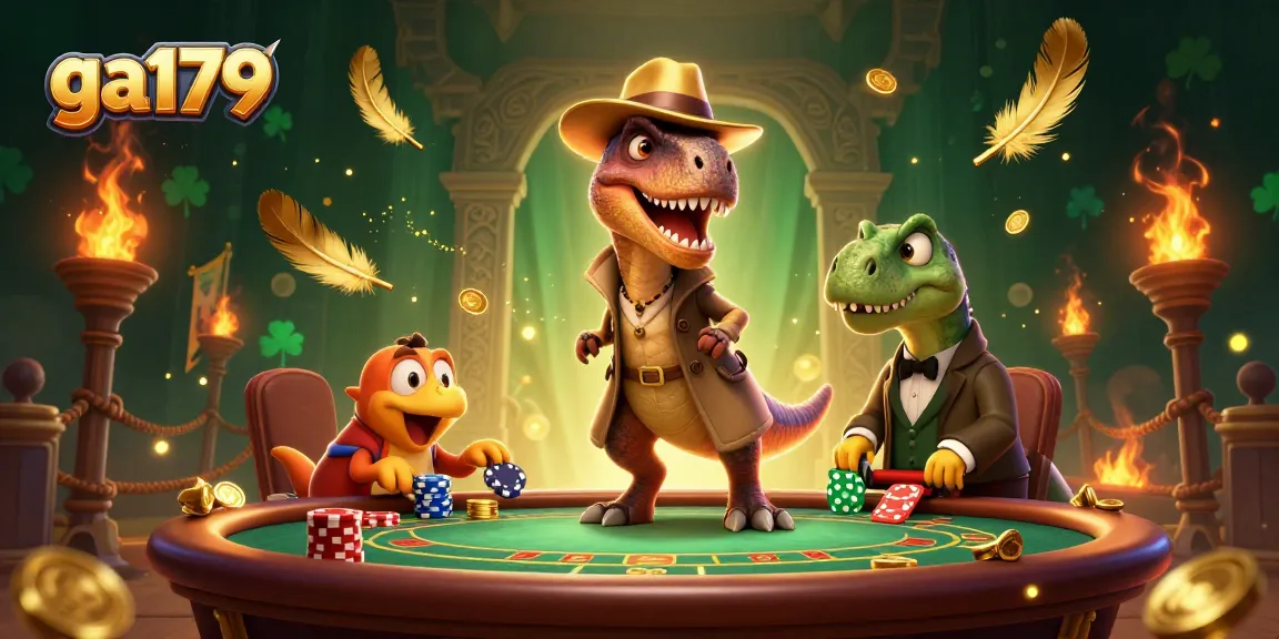 Experience ga179 with a cartoon velociraptor card counter at a lively blackjack table.