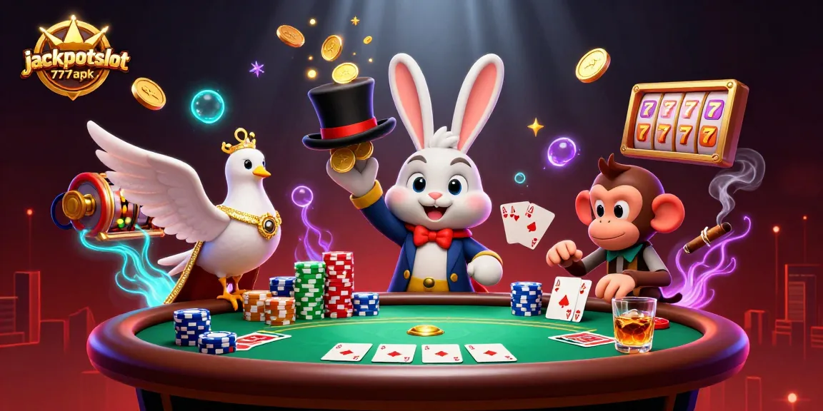 Experience jackpotslot777apk magic as a rabbit pulls coins from a hat, surrounded by poker chips and vibrant symbols.