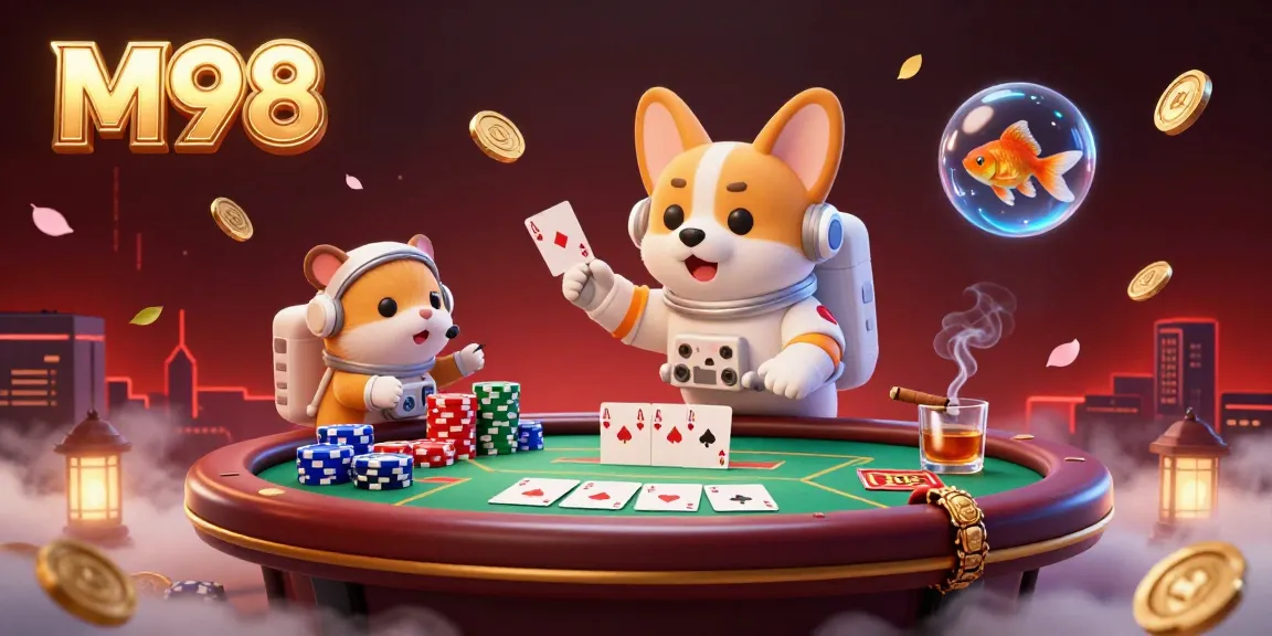 M98's 3D casino scene features a floating corgi and poker elements, emphasizing thrilling gameplay.