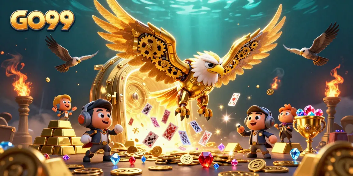 Experience the thrill of GO99 with a cybernetic eagle amidst dazzling treasures and holographic cards.
