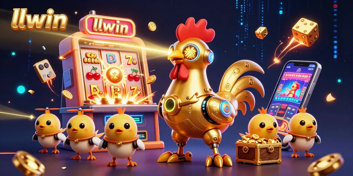 Experience the excitement of llwin with a vibrant 3D casino scene featuring a golden rooster robot and baby chick drones.